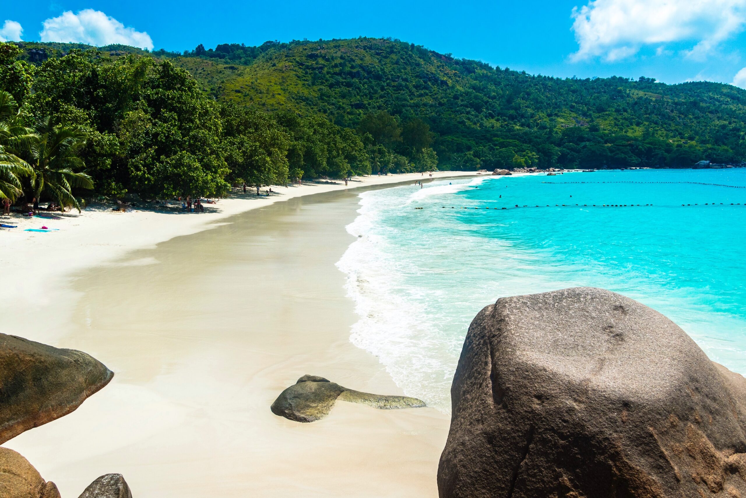 A beach surrounded by the sea and greenery under the sunlight and a blue sky in Praslin in Seychelles