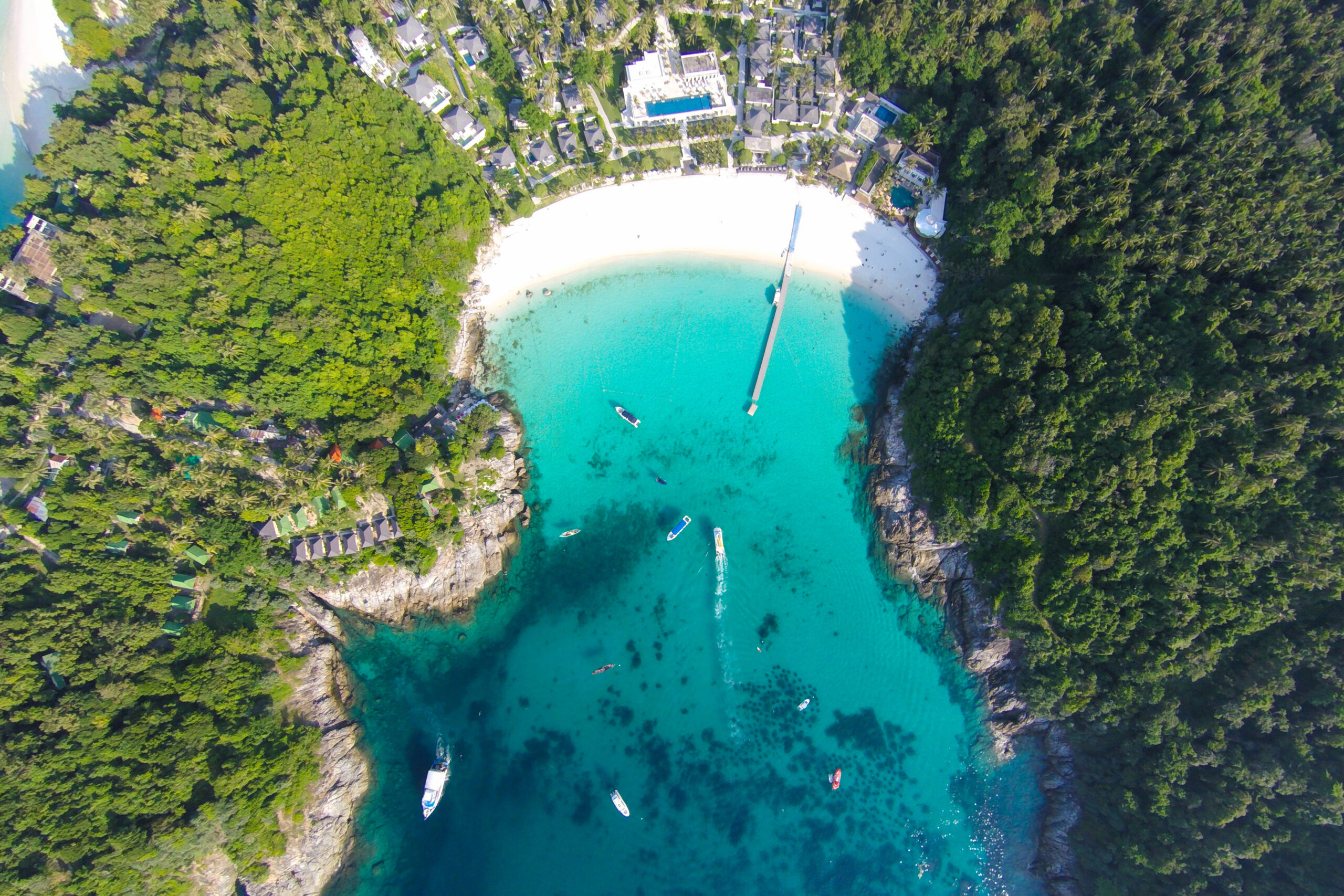 Tropical beach with sea and palm taken from drone. Seychelles famous shark beach - aerial photo - Boost up color Processing.